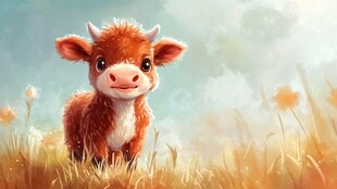 可爱小牛漫步于草地间