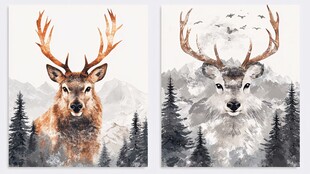 双鹿山林水彩画装饰图