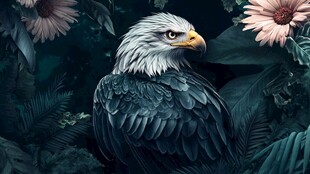 雄鹰傲立繁花绿叶间