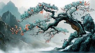 苍松傲立山水间