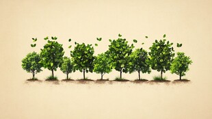 一排绿树与飞舞叶片的景致