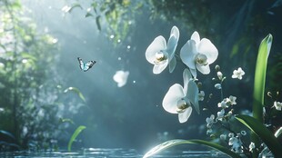 梦幻森林中的兰花与蝴蝶
