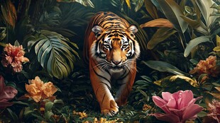 丛林猛虎漫步繁花间