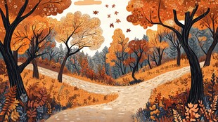 秋日林间分岔小路风景图