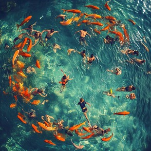 人与锦鲤共游的和谐画面