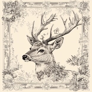 复古风鹿头花卉边框插画