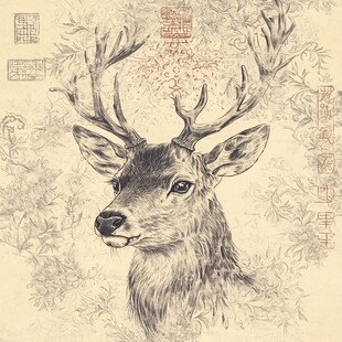 中式风鹿头手绘艺术插画