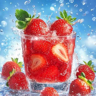 杯中鲜草莓 水花四溅