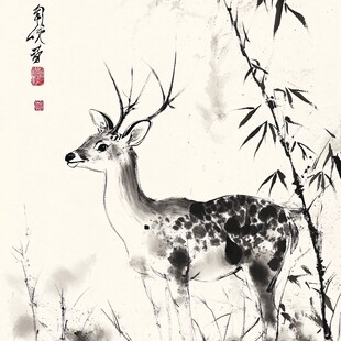 水墨风鹿立竹林间图景