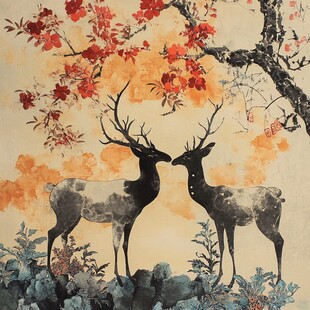 双鹿伴花的中式诗意图景