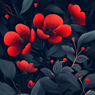 暗夜红花朵叶梦幻插画