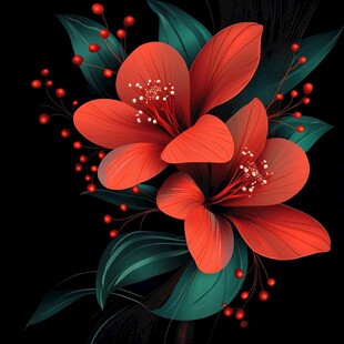 艳丽红花配绿叶插画