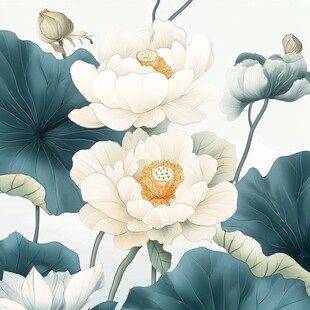 水墨风盛开的清雅白荷