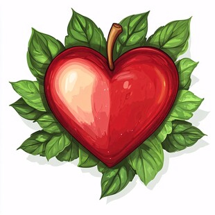 心形苹果插画 绿叶环绕