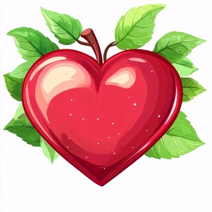 心形红苹果与绿叶插画