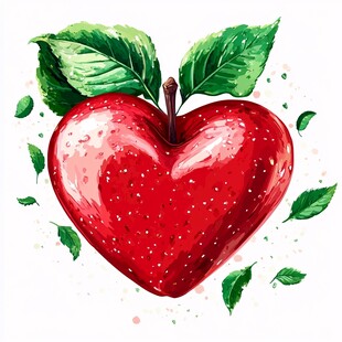 心形红苹果与绿叶插画