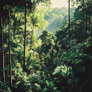 阳光洒落的茂密热带雨林