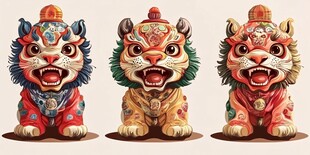 可爱国风小狮摆件展示