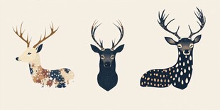 三只风格独特的鹿头插画