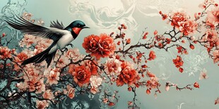 燕子栖繁花枝头美如画