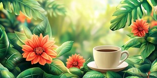 绿叶繁花间的惬意咖啡时光