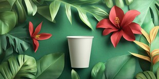 绿叶红花间的白色纸杯