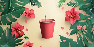 夏日花卉环绕的红色纸杯