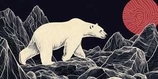 北极熊漫步于山川月夜间