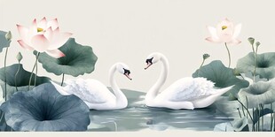 双天鹅悠游于荷花池塘