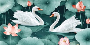 天鹅悠游于荷花荷叶间