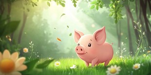 林中萌猪漫步在春日草地