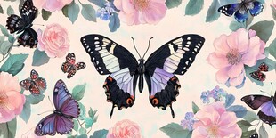 蝴蝶与粉花的梦幻图案