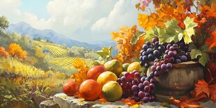 秋日田园水果静物油画