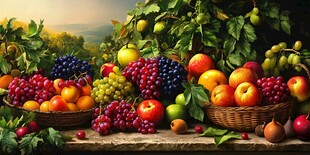 田园风多彩水果篮静物图