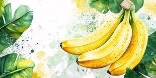 水彩风香蕉与绿叶插画