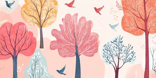 秋日树林与飞鸟插画