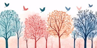 五彩树木间飞鸟的梦幻图景