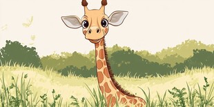 可爱长颈鹿在绿意盎然草地