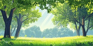 清晨林间阳光草地美景