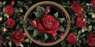 红玫瑰环绕的金色圆环图案