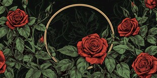 红玫瑰环绕的金色圆环图案