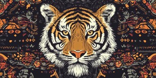 老虎插画 神秘图腾背景下的王者