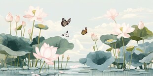 夏日荷塘蝴蝶飞舞美景