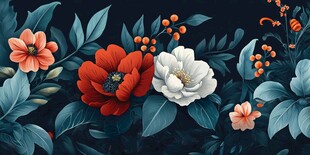 花卉插画 多彩花朵与绿叶