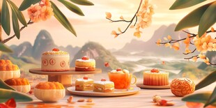 中式糕点摆于山水花木间