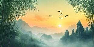 夕阳竹林飞鸟山水美景