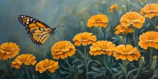 蝴蝶飞舞于万寿菊花丛间