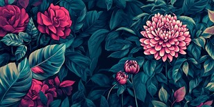 梦幻花卉绿叶图案背景