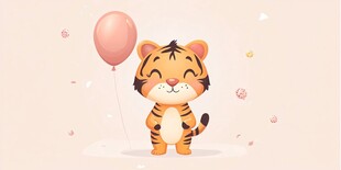 可爱小老虎手持粉色气球