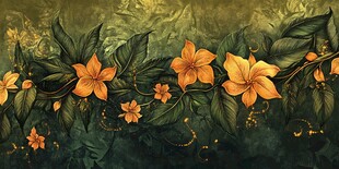 橙色花卉绿叶装饰图案